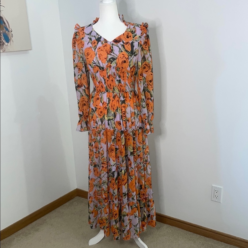 Orange Ruffled Tiered Long Sleeve Gown
